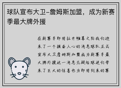 球队宣布大卫-詹姆斯加盟，成为新赛季最大牌外援